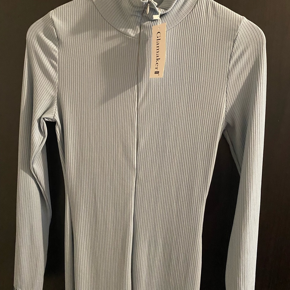 Blue and Gray Ribbed Knit Jumpsuit with Mock Neck